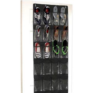 24 Pockets Crystal Clear Over The Door Hanging Shoe Organizer Black 64'' x 19''